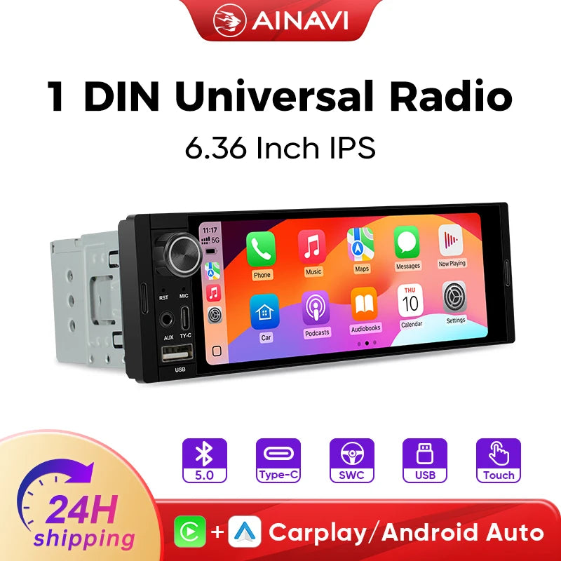 1Din Car Radio 6.36 inch Universal MP5 IPS Touch Screen Wireless Carplay Android Auto Car Multimedia Player USB BT Type-C