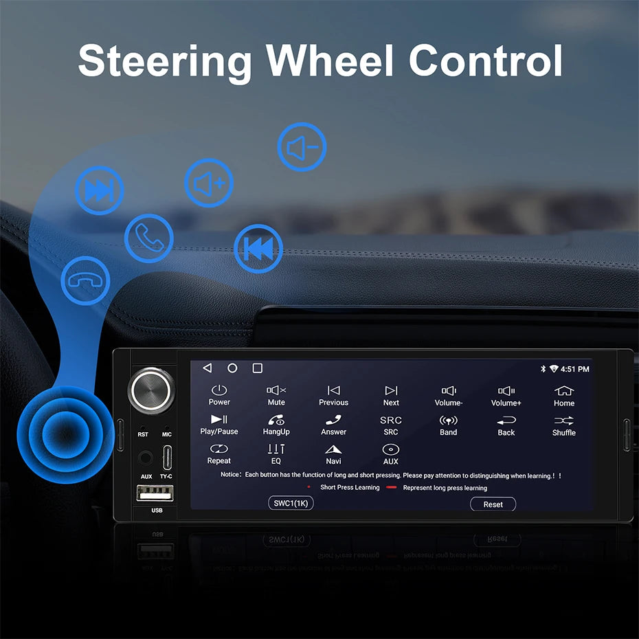 1Din Car Radio 6.36 inch Universal MP5 IPS Touch Screen Wireless Carplay Android Auto Car Multimedia Player USB BT Type-C