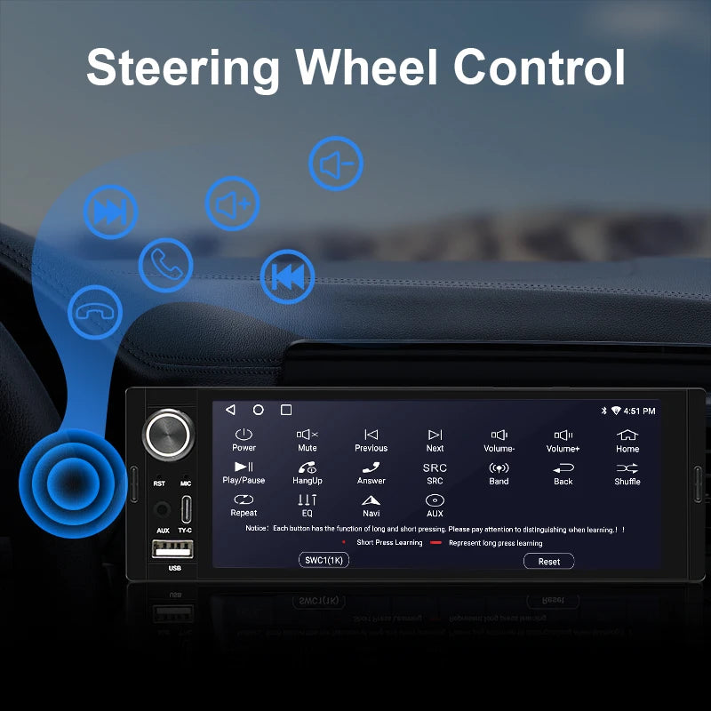 1Din Car Radio 6.36 inch Universal MP5 IPS Touch Screen Wireless Carplay Android Auto Car Multimedia Player USB BT Type-C