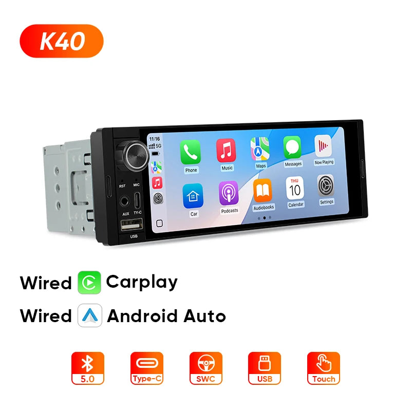 1Din Car Radio 6.36 inch Universal MP5 IPS Touch Screen Wireless Carplay Android Auto Car Multimedia Player USB BT Type-C