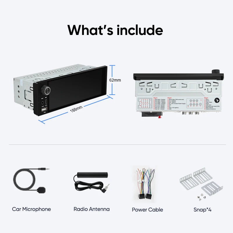 1Din Car Radio 6.36 inch Universal MP5 IPS Touch Screen Wireless Carplay Android Auto Car Multimedia Player USB BT Type-C