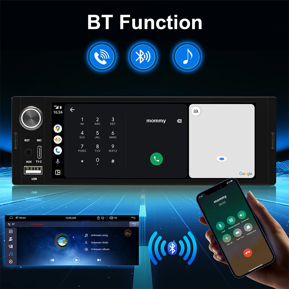 1Din Car Radio 6.36 inch Universal MP5 IPS Touch Screen Wireless Carplay Android Auto Car Multimedia Player USB BT Type-C