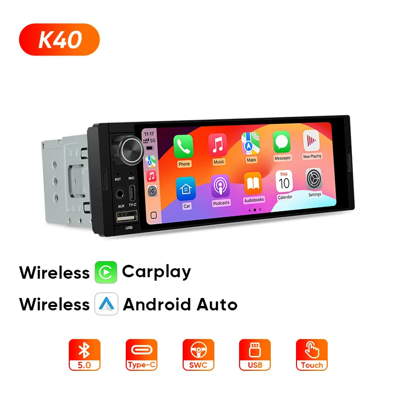 1Din Car Radio 6.36 inch Universal MP5 IPS Touch Screen Wireless Carplay Android Auto Car Multimedia Player USB BT Type-C
