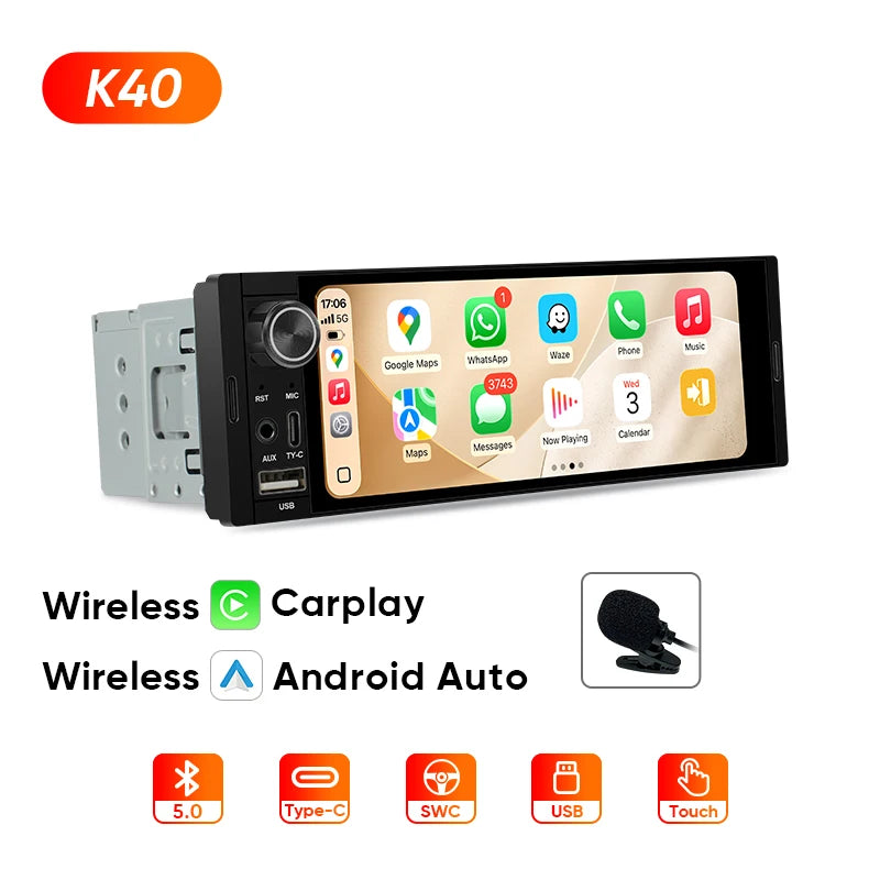 1Din Car Radio 6.36 inch Universal MP5 IPS Touch Screen Wireless Carplay Android Auto Car Multimedia Player USB BT Type-C
