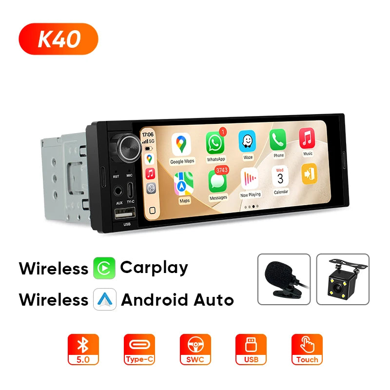 1Din Car Radio 6.36 inch Universal MP5 IPS Touch Screen Wireless Carplay Android Auto Car Multimedia Player USB BT Type-C